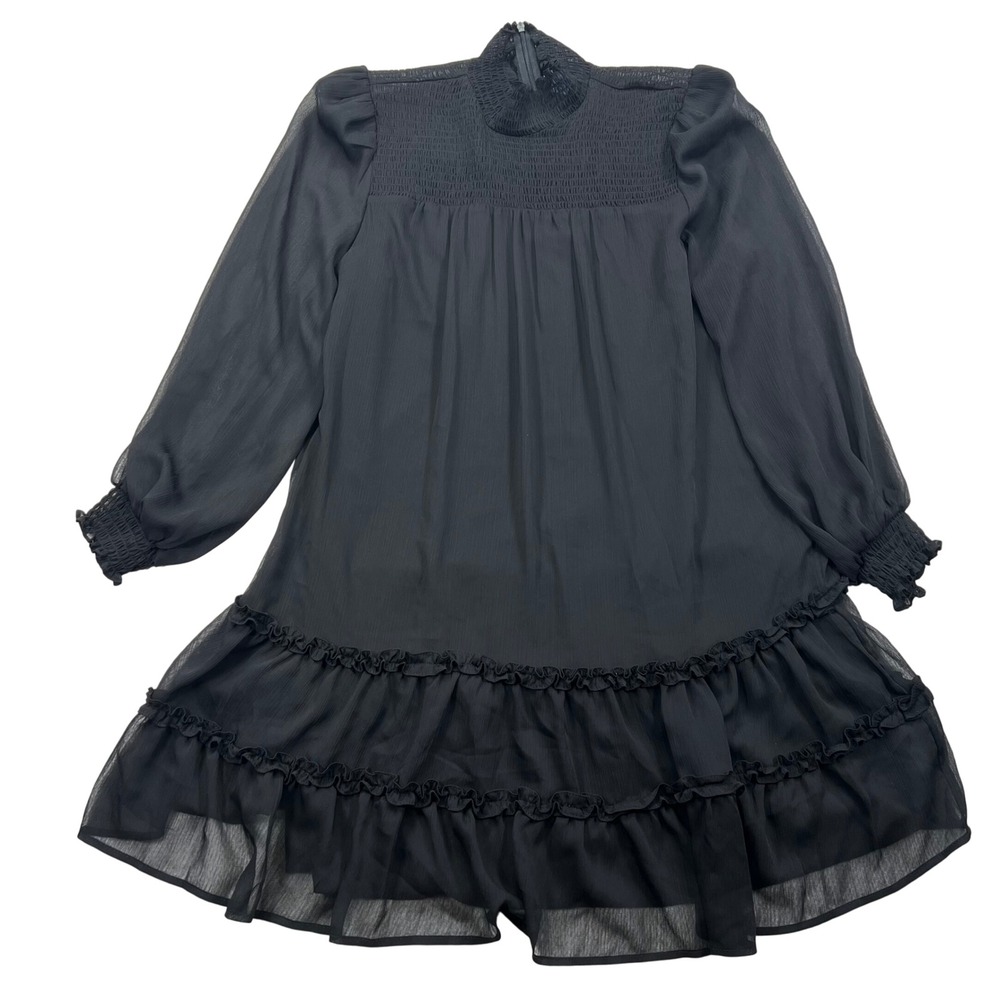 CeCe Smocked Mock Neck Mini Dress Womens PL Black Tiered Ruffle Sheer Sleeve LBD
